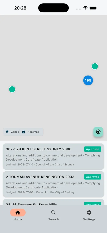 Map view of Sydney CBD with DA marker clusters and list