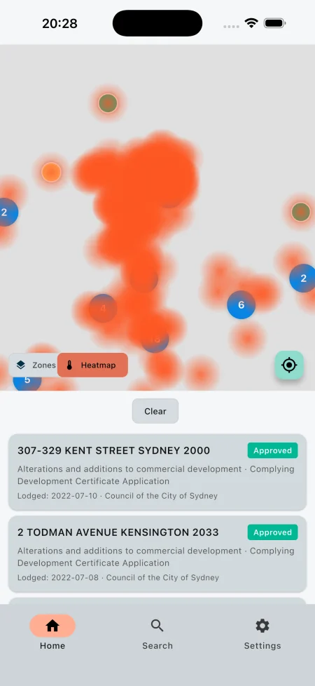 Pro heatmap overlay showing development density across the map